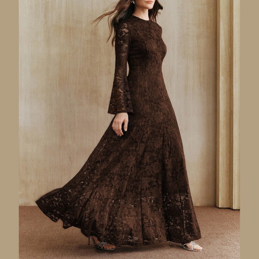 Brown Lace Bell Sleeve Round Neck Slim Fit Maxi Dress